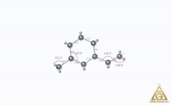 1-Ethenyl-3-methylbenzene (CAS 100-80-1) – ball-and-stick 3D model, MolGod Viewer