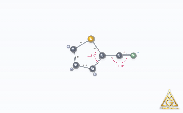 2-Thiophenecarbonitrile (CAS 1003-31-2) – ball-and-stick 3D model, MolGod Viewer