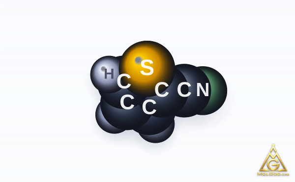 2-Thiophenecarbonitrile (CAS 1003-31-2) – space-filling 3D model, MolGod Viewer
