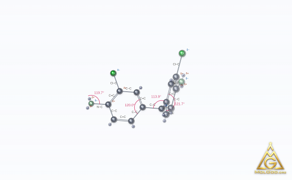 3,3'-Dichloro-4,4'-Diaminodiphenylmethane (CAS 101-14-4) – ball-and-stick 3D model, MolGod Viewer