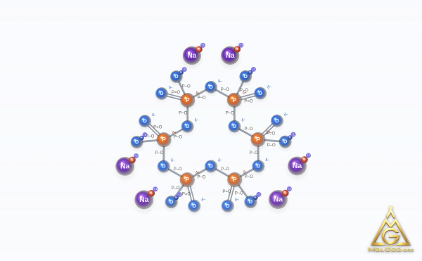Hexasodium hexametaphosphate (CAS 10124-56-8) – modèle boules et bâtonnets (projection plane), MolGod Viewer