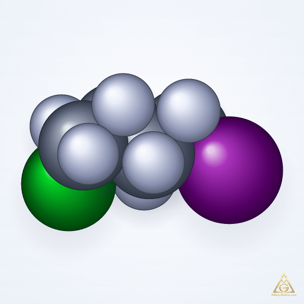 1-Chloro-4-iodobutane (CAS 10297-05-9) – space-filling 3D model, MolGod Viewer
