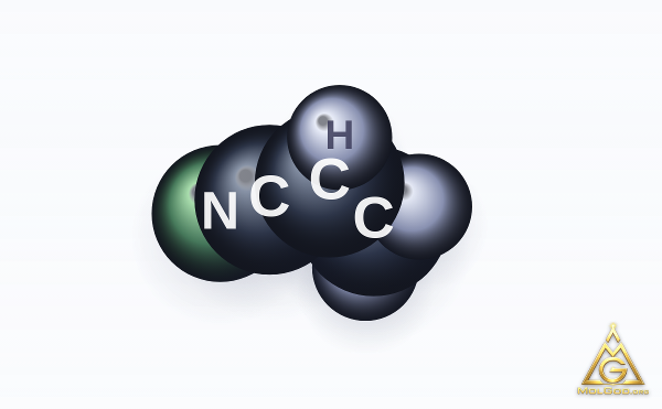 Acrylonitrile (CAS 107-13-1) – space-filling 3D model, MolGod Viewer