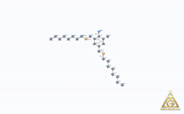 2-Methyl-4,6-bis[(octylthio)methyl]phenol (CAS 110553-27-0) – ball-and-stick 3D model, MolGod Viewer