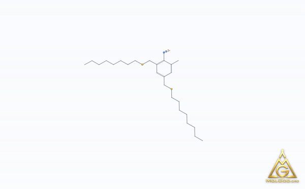 2-Methyl-4,6-bis[(octylthio)methyl]phenol (CAS 110553-27-0) – skeletal 3D model, MolGod Viewer