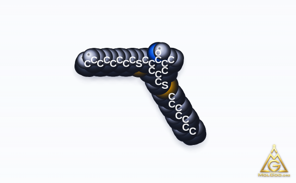 2-Methyl-4,6-bis[(octylthio)methyl]phenol (CAS 110553-27-0) – space-filling 3D model, MolGod Viewer