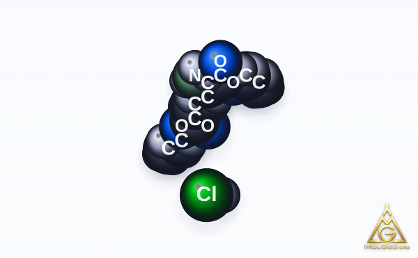 Glutamic acid diethyl ester hydrochloride (CAS 1118-89-4) – space-filling 3D model, MolGod Viewer