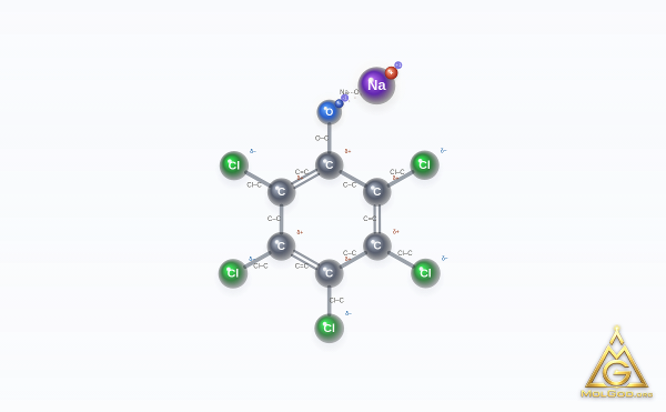 Sodium pentachlorophenolate (CAS 131-52-2) – ball-and-stick 3D model, MolGod Viewer