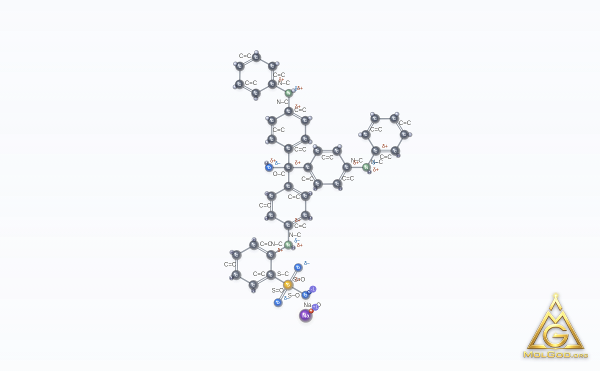 Sodium 2-(4-(bis(4-anilinophenyl)(hydroxy)methyl)anilino)benzene-1-sulfonate (CAS 1324-80-7) – ball-and-stick 3D model, MolGod Viewer