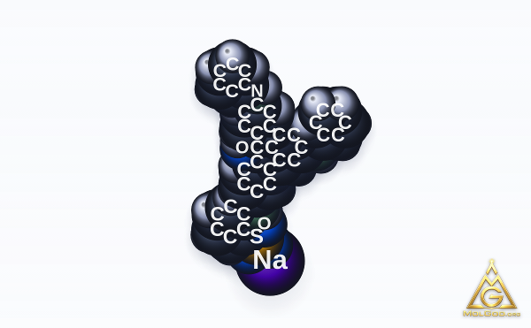 Sodium 2-(4-(bis(4-anilinophenyl)(hydroxy)methyl)anilino)benzene-1-sulfonate (CAS 1324-80-7) – space-filling 3D model, MolGod Viewer