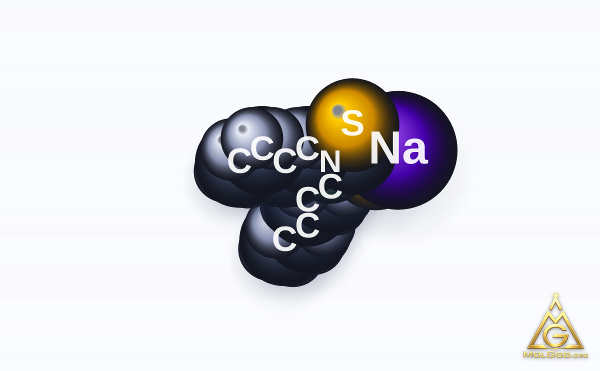 Sodium dibutyldithiocarbamate (CAS 136-30-1) – space-filling 3D model, MolGod Viewer