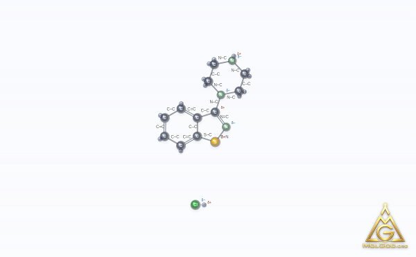 3-(1-Piperazinyl)-1,2-benzisothiazole monohydrochloride (CAS 144010-02-6) – ball-and-stick 3D model, MolGod Viewer