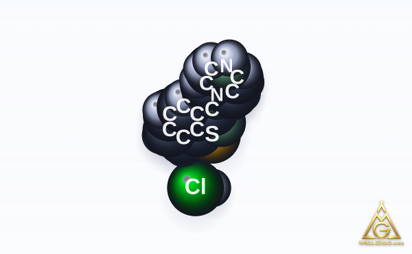 3-(1-Piperazinyl)-1,2-benzisothiazole monohydrochloride (CAS 144010-02-6) – space-filling 3D model, MolGod Viewer