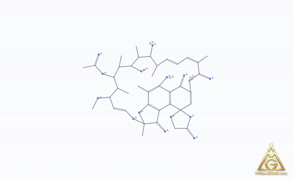 Rifamycin, 4-O-(carboxymethyl)-1-deoxy-1,4-dihydro-4-hydroxy-1-oxo-, gamma-lactone (CAS 14487-05-9) – skeletal 3D model, MolGod Viewer
