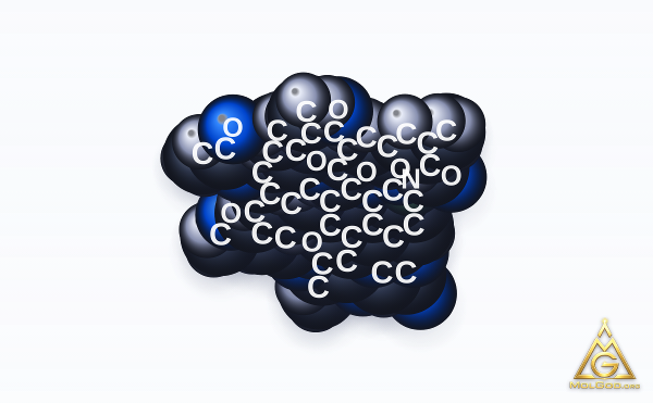 Rifamycin, 4-O-(carboxymethyl)-1-deoxy-1,4-dihydro-4-hydroxy-1-oxo-, gamma-lactone (CAS 14487-05-9) – space-filling 3D model, MolGod Viewer