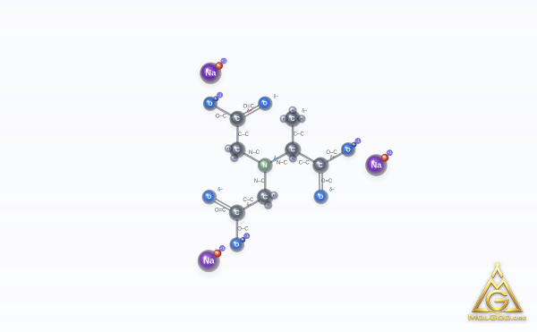Trisodium dicarboxymethyl alaninate (CAS 164462-16-2) – ball-and-stick 3D model, MolGod Viewer