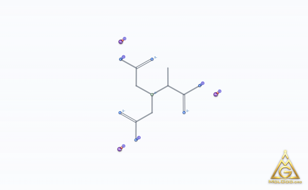 Trisodium dicarboxymethyl alaninate (CAS 164462-16-2) – skeletal 3D model, MolGod Viewer