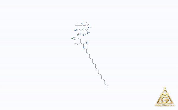 Hexadecyl 4-chloro-3-[2-(5,5-dimethyl-2,4-dioxo-1,3-oxazolidin-3-yl)-4,4-dimethyl-3-oxopentamido]benzoate (CAS 168689-49-4) – modello 3D scheletrico, MolGod Viewer
