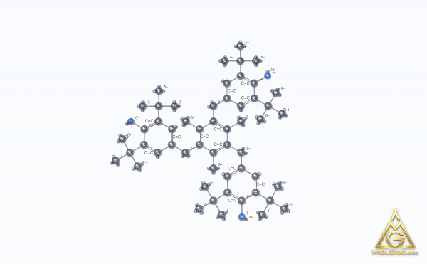 1,3,5-Trimethyl-2,4,6-tris(3,5-di-tert-butyl-4-hydroxybenzyl)benzene (CAS 1709-70-2) – modèle 3D boules et bâtonnets, MolGod Viewer