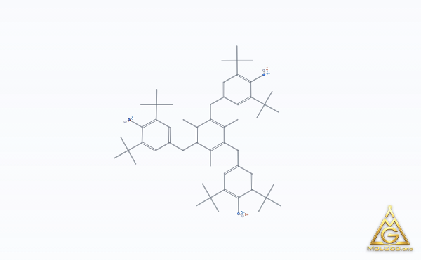 1,3,5-Trimethyl-2,4,6-tris(3,5-di-tert-butyl-4-hydroxybenzyl)benzene (CAS 1709-70-2) – modèle 3D squelettique, MolGod Viewer