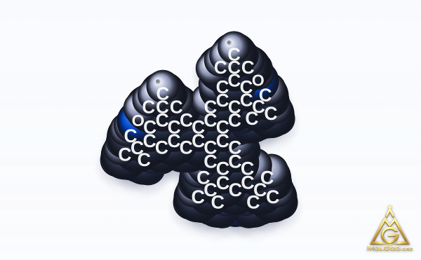 1,3,5-Trimethyl-2,4,6-tris(3,5-di-tert-butyl-4-hydroxybenzyl)benzene (CAS 1709-70-2) – modèle 3D compact (space-filling), MolGod Viewer