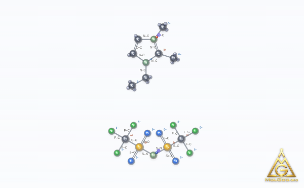 1-Ethyl-2,3-dimethylimidazolium Bis(trifluoromethanesulfonyl)imide (CAS 174899-90-2) – modèle 3D boules et bâtonnets, MolGod Viewer