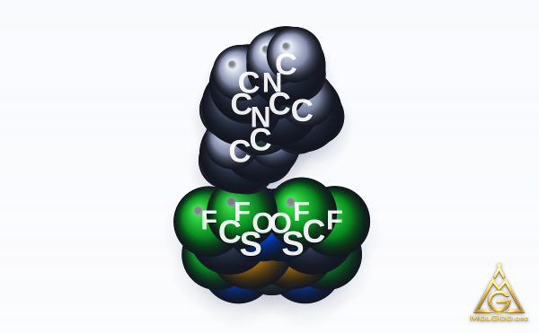 1-Ethyl-2,3-dimethylimidazolium Bis(trifluoromethanesulfonyl)imide (CAS 174899-90-2) – modèle 3D compact (space-filling), MolGod Viewer