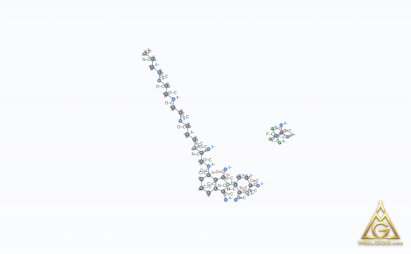 Thalidomide-O-amido-C3-PEG3-C1-NH2 (CAS 1799711-29-7) – modèle 3D boules et bâtonnets, MolGod Viewer