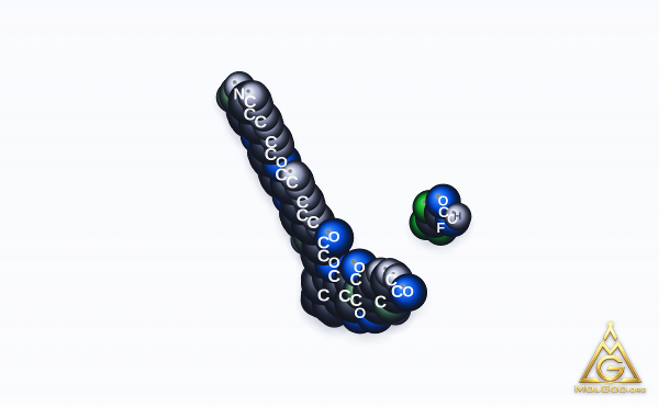 Thalidomide-O-amido-C3-PEG3-C1-NH2 (CAS 1799711-29-7) – modèle 3D compact (space-filling), MolGod Viewer