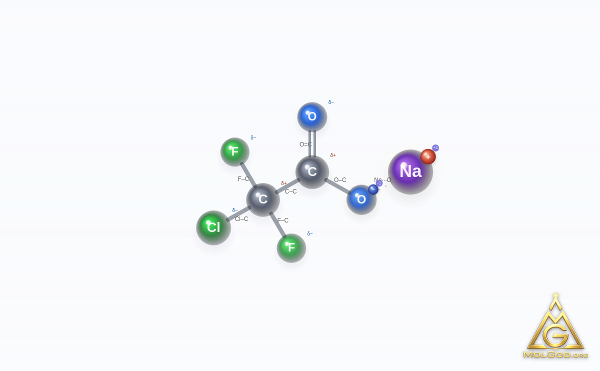 Sodium chlorodifluoroacetate (CAS 1895-39-2) – modèle 3D boules et bâtonnets, MolGod Viewer