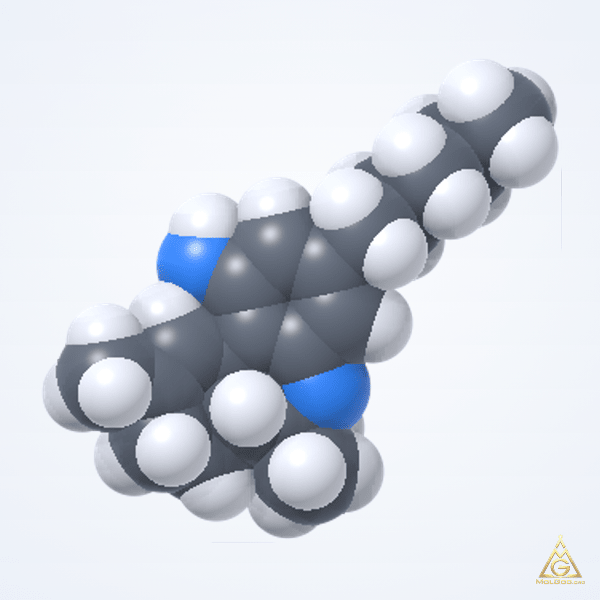 Tetrahydrocannabinol (CAS 1972-08-3) – space-filling 3D model, MolGod Viewer