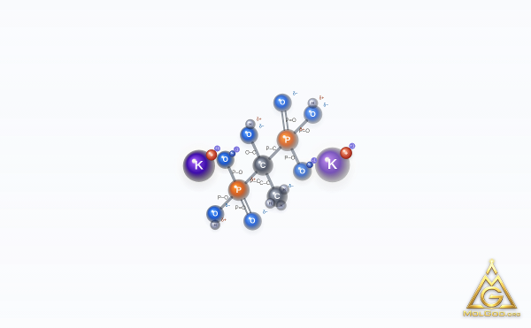 Dipotassium etidronate (CAS 21089-06-5) – modèle 3D boules et bâtonnets, MolGod Viewer