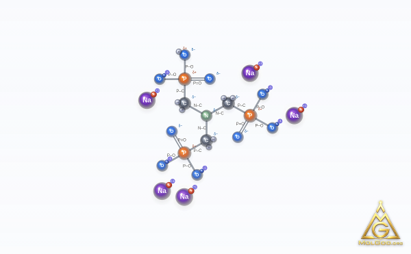 Pentasodium nitrilotris(methylenephosphonate) (CAS 2235-43-0) – modèle 3D boules et bâtonnets, MolGod Viewer