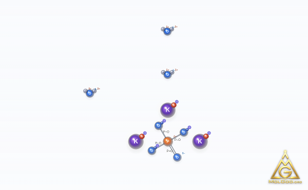 Tripotassium phosphate trihydrate (CAS 22763-03-7) – modèle 3D boules et bâtonnets, MolGod Viewer