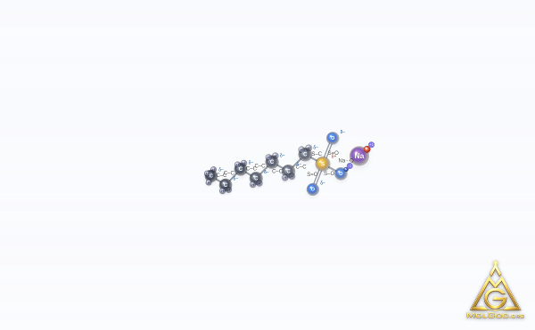 Sodium 1-heptanesulfonate (CAS 22767-50-6) – modello 3D a sfere e bastoncini, MolGod Viewer