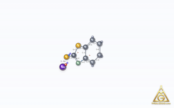 Sodium 2-mercaptobenzothiazole (CAS 2492-26-4) – modèle 3D boules et bâtonnets, MolGod Viewer