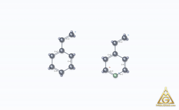 4-Vinylpyridine styrene (CAS 26222-40-2) – modèle 3D boules et bâtonnets, MolGod Viewer