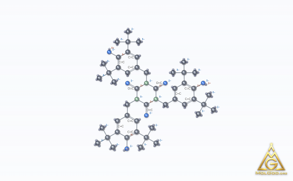 Tris(3,5-di-tert-butyl-4-hydroxybenzyl) isocyanurate (CAS 27676-62-6) – modèle 3D boules et bâtonnets, MolGod Viewer