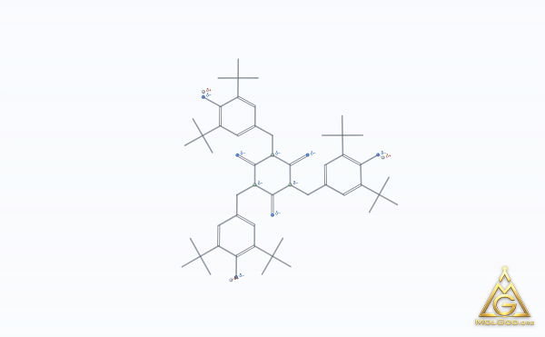 Tris(3,5-di-tert-butyl-4-hydroxybenzyl) isocyanurate (CAS 27676-62-6) – modèle 3D squelettique, MolGod Viewer