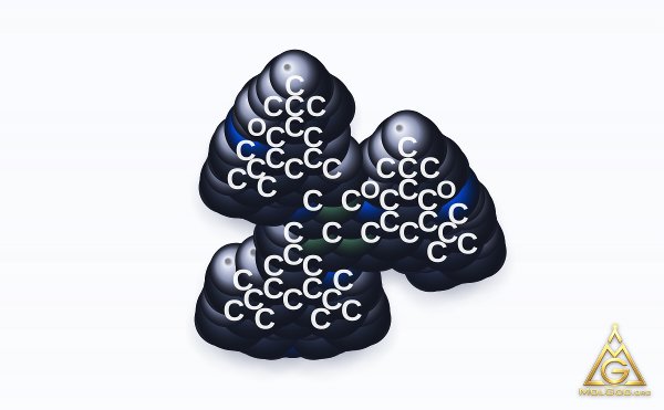 Tris(3,5-di-tert-butyl-4-hydroxybenzyl) isocyanurate (CAS 27676-62-6) – modèle 3D compact (space-filling), MolGod Viewer
