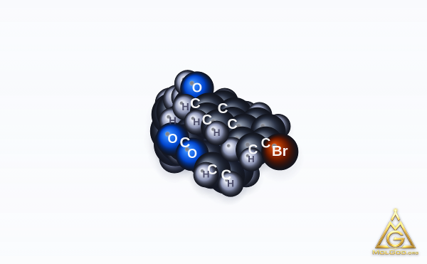 Bromadiolone (CAS 28772-56-7) – space-filling 3D model, MolGod Viewer