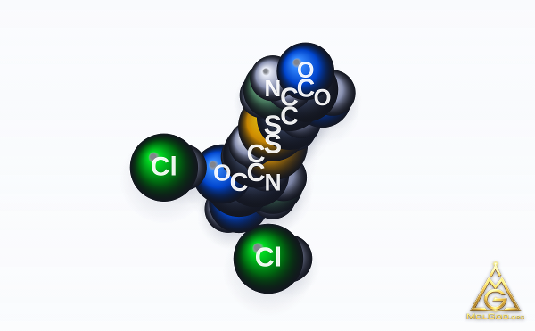 Cystine dihydrochloride (CAS 30925-07-6) – modèle 3D compact (space-filling), MolGod Viewer