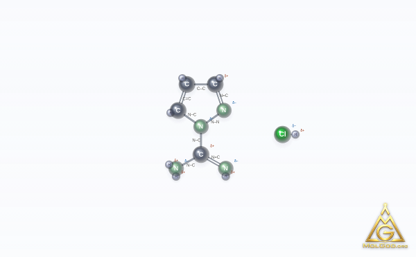 Pyrazole-1-carboxamidine monohydrochloride (CAS 4023-02-3) – modèle 3D boules et bâtonnets, MolGod Viewer