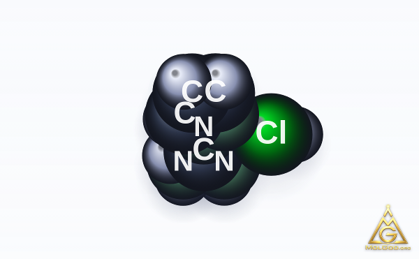 Pyrazole-1-carboxamidine monohydrochloride (CAS 4023-02-3) – modèle 3D compact (space-filling), MolGod Viewer