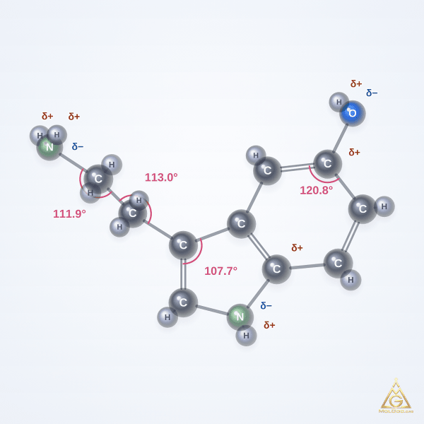 Serotonin (CAS 50-67-9) – ball-and-stick 3D model, MolGod Viewer